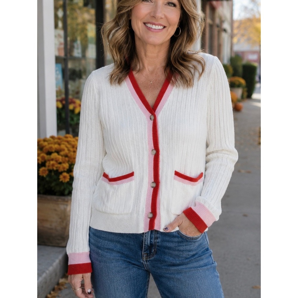 LOFT White Red Pink Cardigan Sweater Medium Ribbed V-Neck Button Front Pockets